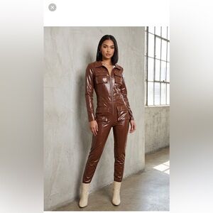 Love Highlight Faux Leather Jumpsuit - Metallic Brown - Size S